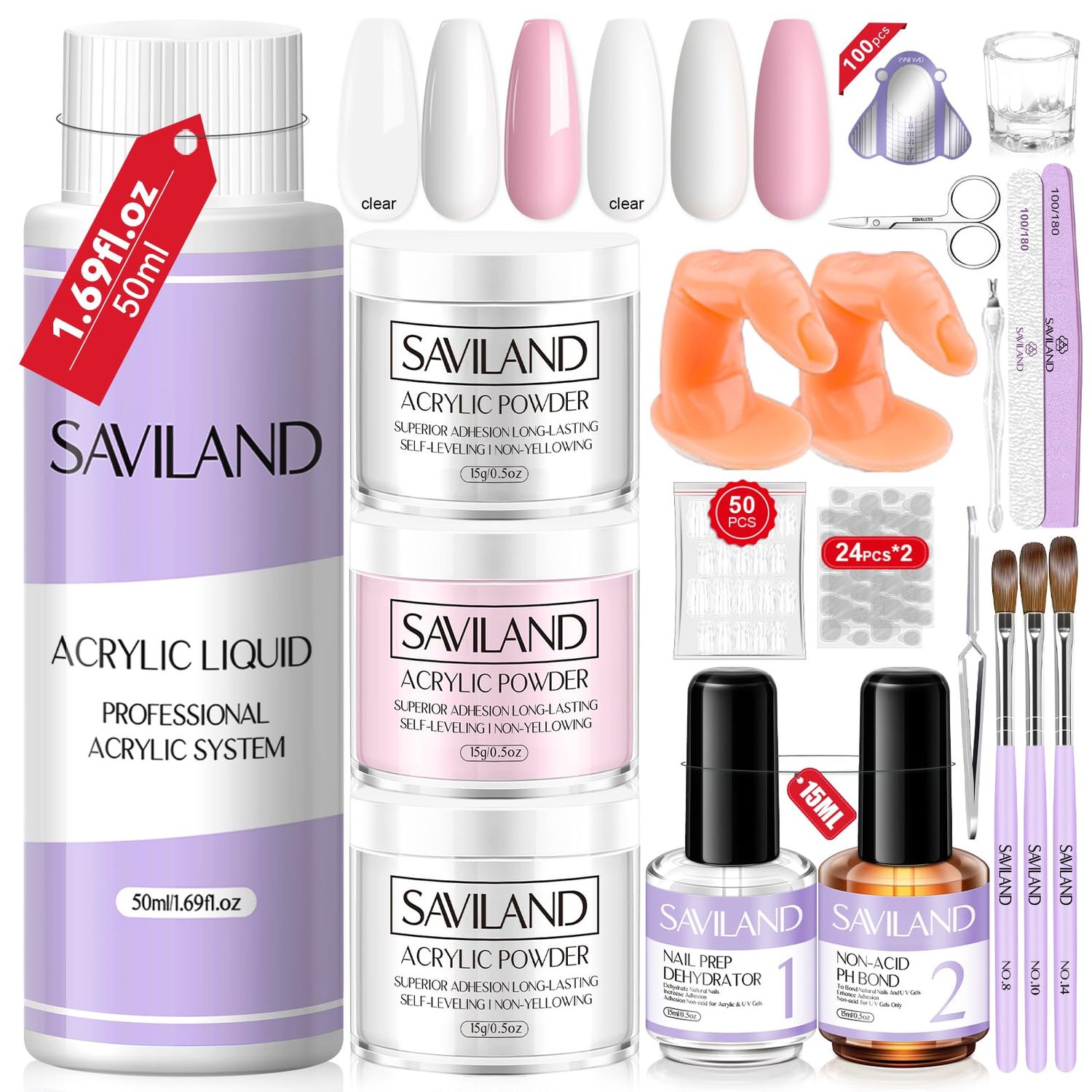 SAVILAND Acrylic Nail Kit with Everything for Beginners: Clear White Pink Acrylic Powder and Liquid Set with Acrylic Brush Nail Dehydrator and Primer Professional Acrylic Nail Set Starter Kit Home DIY