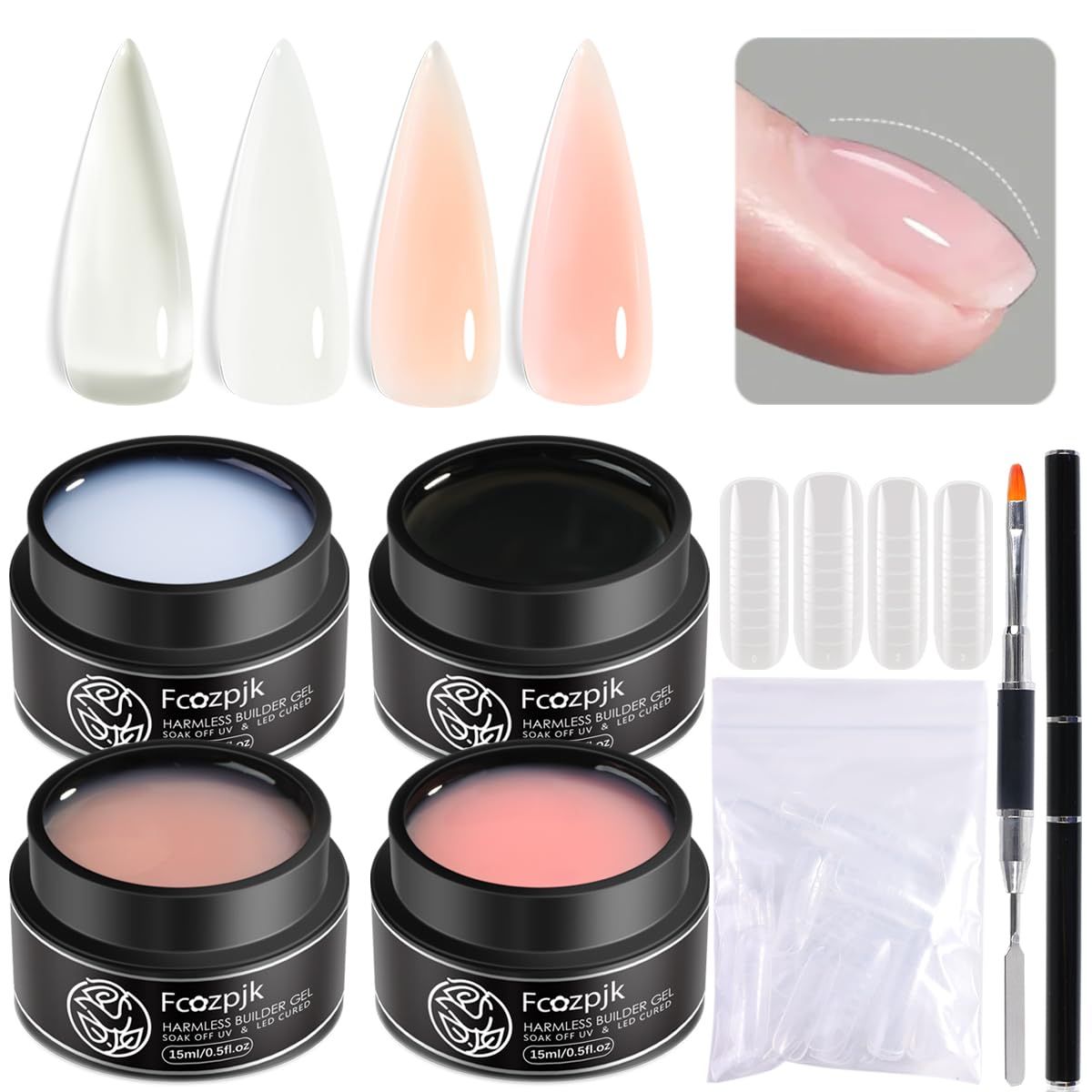 Fcozpjk Builder Gel for Nails, 4 Colors Thickening Builder Nail Gel Clear Milky White Nude Pink Nail Strengthener Builder Gel Kit with Brush Pen Soak Off UV Gel Nail Extension Manicure Supplies
