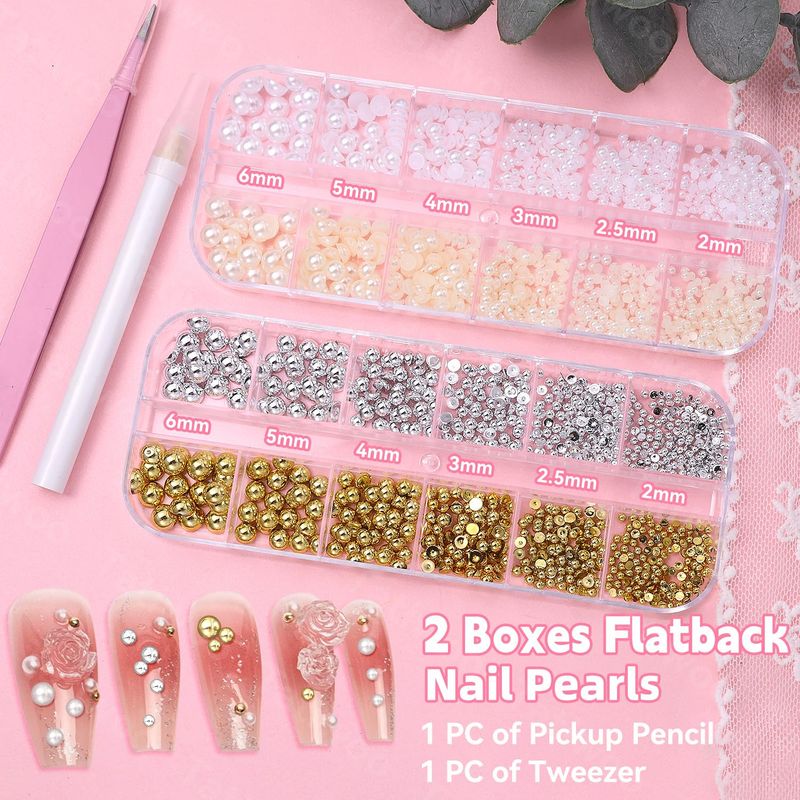 2 Boxes Flatback Pearls and Gold Silver Nail Beads for Nail Art, Luxurious White Half Pearl Nail Charms Gems for Nails ABS Round Plastic Beads Nail Accessories for Acrylic Nails Manicure Decor