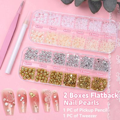 2 Boxes Flatback Pearls and Gold Silver Nail Beads for Nail Art, Luxurious White Half Pearl Nail Charms Gems for Nails ABS Round Plastic Beads Nail Accessories for Acrylic Nails Manicure Decor