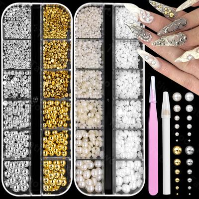 2 Boxes Flatback Pearls and Gold Silver Nail Beads for Nail Art, Luxurious White Half Pearl Nail Charms Gems for Nails ABS Round Plastic Beads Nail Accessories for Acrylic Nails Manicure Decor