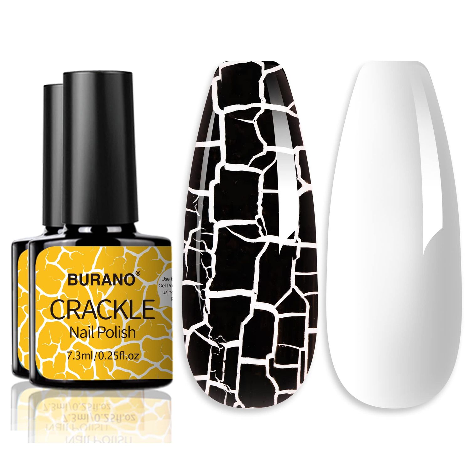 BURANO Crackle Gel Nail Polish Set - Black &amp; White, Air Dry &amp; LED Lamp Needed