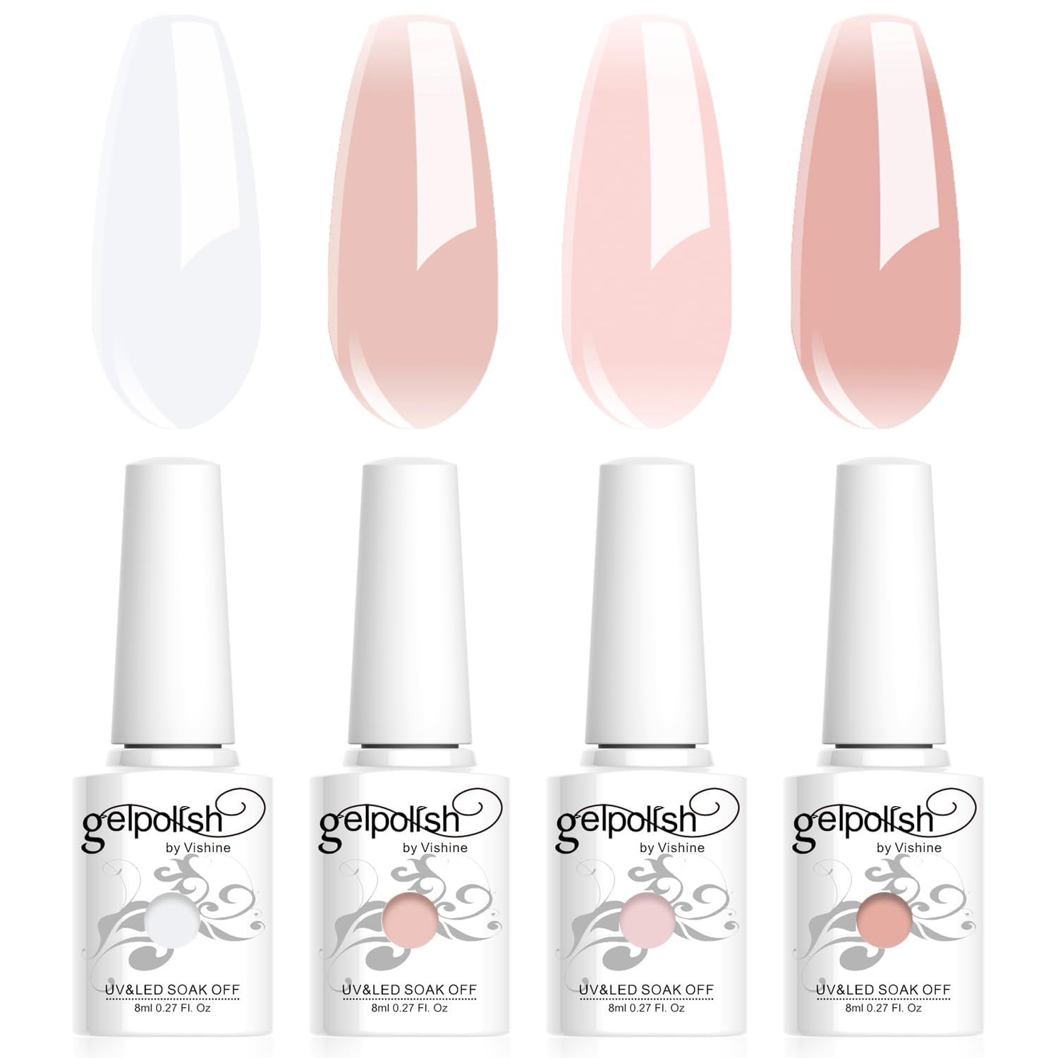 Vishine 4Pcs Jelly Nude Pink Milky White Rose Gel Nail Polish Set Sheer Clear Crystal Translucent French Manicure Gel Nail Polish Kit 8ML