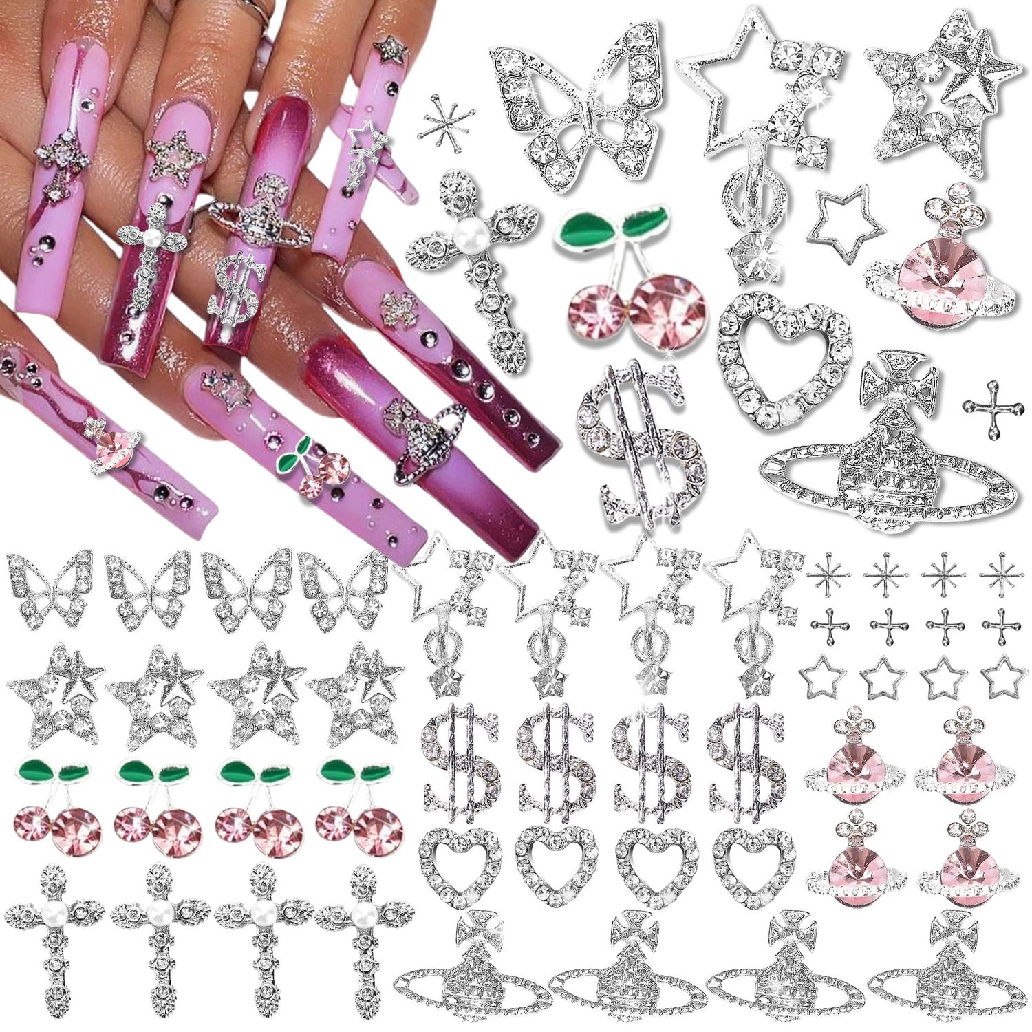 52 PCS Nail Charms and Gems Y2K Butterfly Star Silver Heart Cross Money Decoration for Acrylic Design Cherry Gems Jewels for Nails Art Supplies