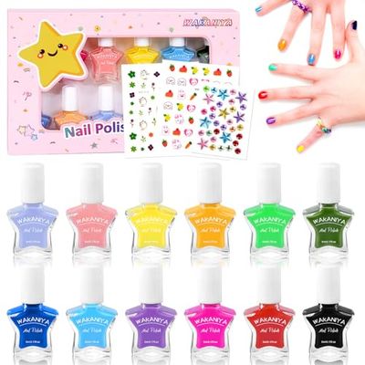 wakaniya Kids Nail Polish Set for Girls, Non Toxic Low Odor Water Base Nail Polish with Stickers, 12 Rainbow Colors Quick Drying Peel off Nail Varnish Kit for Kids Toddlers 3