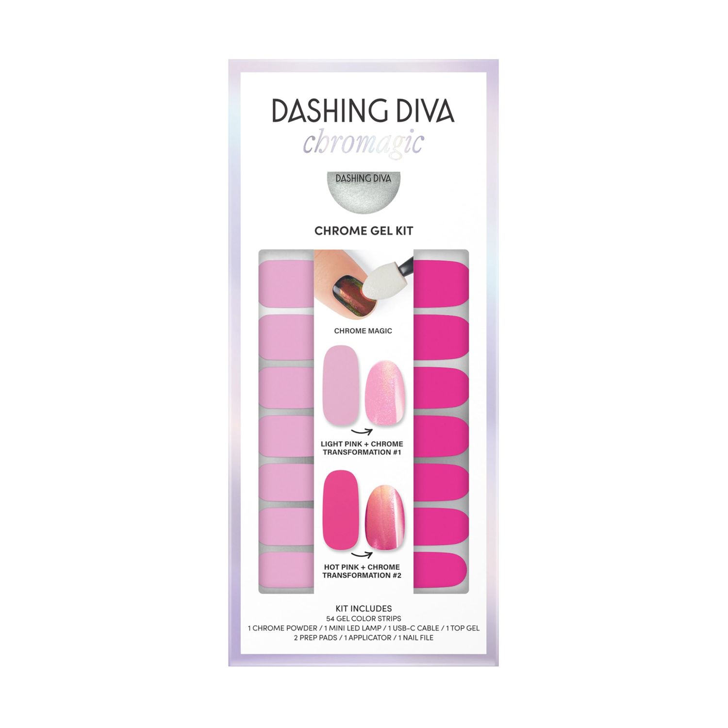 Dashing Diva Chromagic Gel Nail Strips - Pink Orbit - Easy UV Free, Chip Resistant, Long Lasting Gel Nail Stickers and Chrome Powder