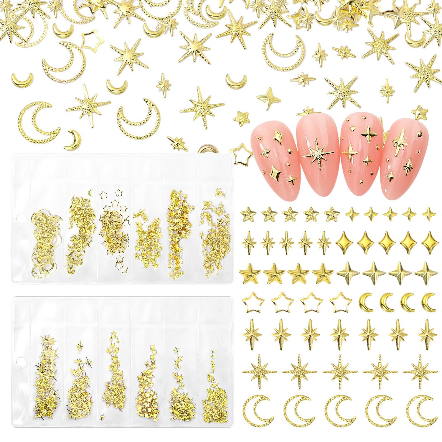 Star Nail Charms and Moon Nail Charms, Star Moon Cross Shiny Gold Nail Charms, Multi Sizes Star Moon Snowflake Metal Nail Art Studs, Luxury Gold Nail Art Charms Decoration for Nail Art DIY