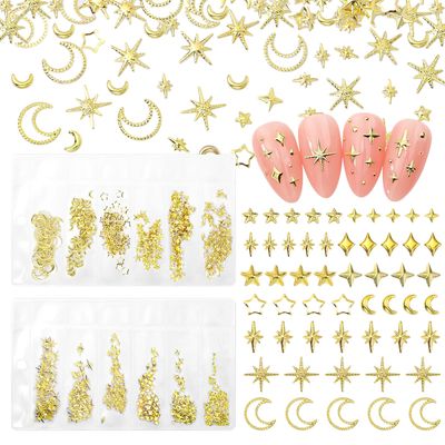 Star Nail Charms and Moon Nail Charms, Star Moon Cross Shiny Gold Nail Charms, Multi Sizes Star Moon Snowflake Metal Nail Art Studs, Luxury Gold Nail Art Charms Decoration for Nail Art DIY