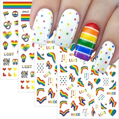4 Sheets Rainbow Pride Nail Art Stickers for Women LGBTQ Love is Love LGBT Trendy Festival Decals for Party Decorations - Self-Adhesive 3D Manicure Decoration Supplies Accessories for Pride Month