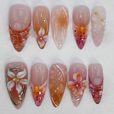 Flowers Press on Nails -Medium Almond French Tip Fake Nails 3D Flower False Nails with Gold Pearl Designs Acrylic Nails Spring Pink Orange Gradient Floral Artificial Nails for Women DIY Manicure Decor