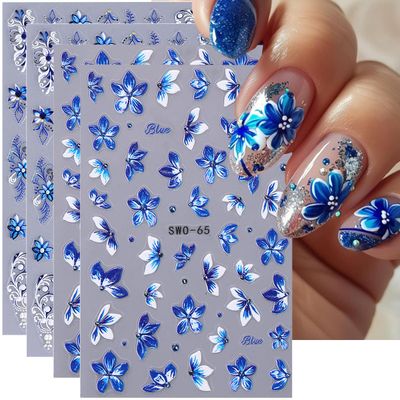 Flower Nail Art Stickers Decals Blue Lily Flower Nail Stickers 4PCS 5D Embossed Blue Floral Vine Self-Adhesive Nail Decals Nail Art Supplies Flower Stickers for Spring Summer DIY Nail Art Decorations