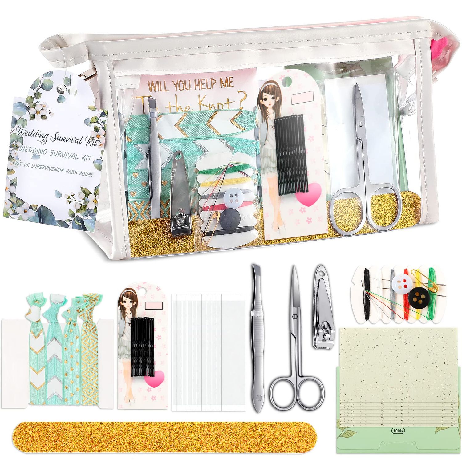 132 Pieces Wedding Survival Kit Bridal Mini Emergency Kit Bridal Party Proposal Gifts for Women with Makeup Bags Floral Wedding Bride Emergency Supplies(Leaves Style)
