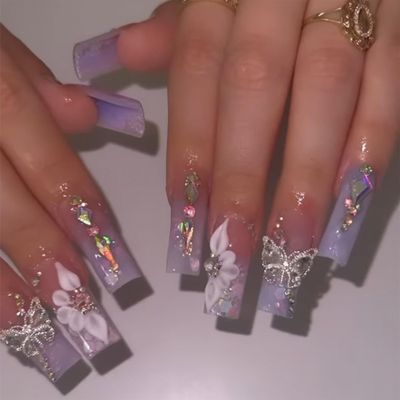 IMRAIN Press on Nails Long Square Fake Nails Purple Gradient Glossy False Nails Full Cover Glue on Nails with Butterfly Rhinestone Designs Artificial Spring Acrylic Squoval Nails Kit Stick on Nails