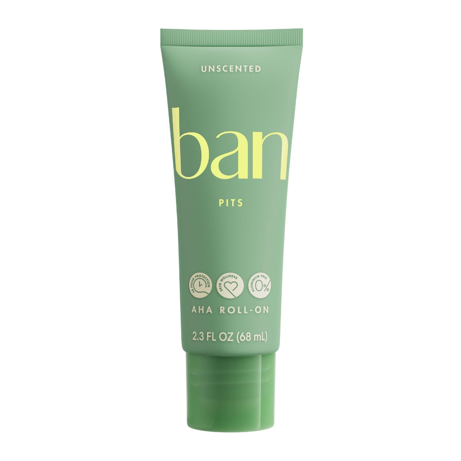 Ban Invisible Roll-On Aluminum-Free AHA Deodorant for Women and Men, Aluminum Free, 48-Hour Odor Protection, Unscented, 2.3 Oz