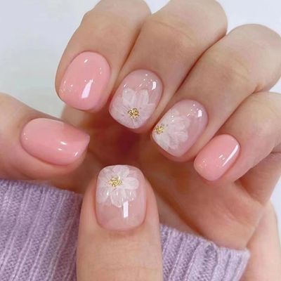 Press On Nails ShortAcrylic Nails Press on Short Square Press on Nails Fake Nails Glossy Pink False Nails with Iced Camellia Press ons Designs Artificial Nails Stick on Nails for Women Girls 32Pcs