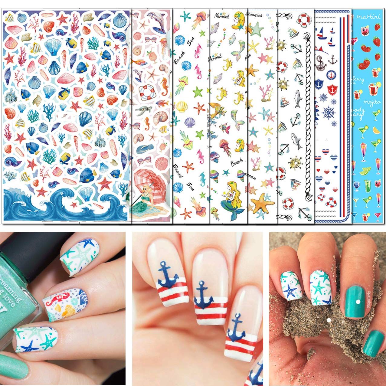 TailaiMei Summer Beach Nail Stickers, 1500 Pcs Self-Adhesive DIY Nail Art Decals Shark Nautical Turtle Design (12 Sheets)