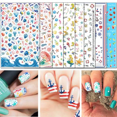 TailaiMei Summer Beach Nail Stickers, 1500 Pcs Self-Adhesive DIY Nail Art Decals Shark Nautical Turtle Design (12 Sheets)