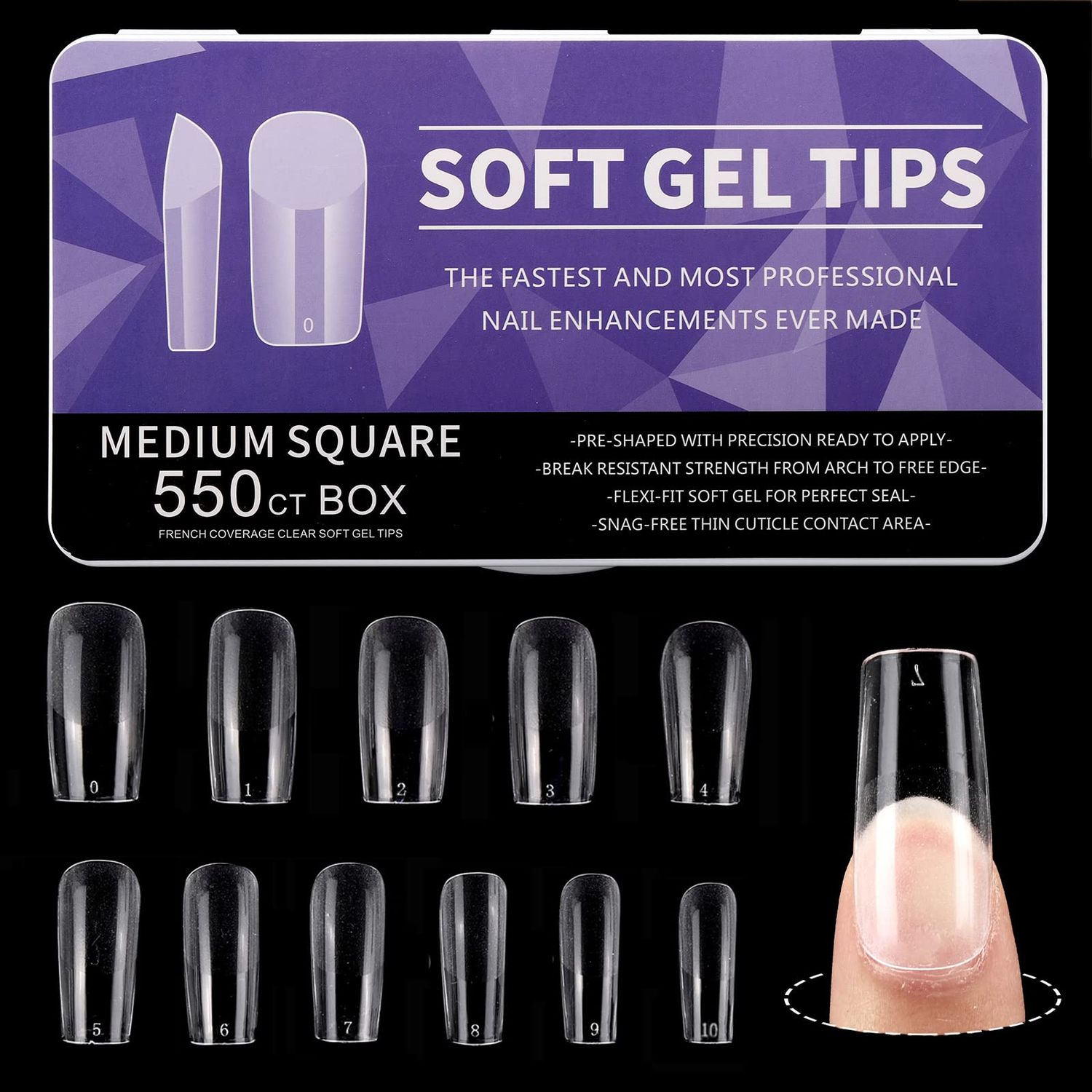550Pcs Medium Square Nails Full Cover Clear Fake Nail Tips for Nail Extension, Size 0-10