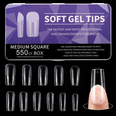 550Pcs Medium Square Nails Full Cover Clear Fake Nail Tips for Nail Extension, Size 0-10