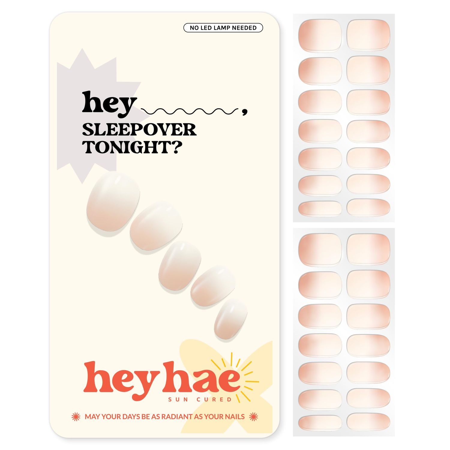 Heyhae Semi Cured Gel Nail Strips | No LED Lamp Needed | Ombre, Neutral, Spring | Easy Apply &amp; Remove, Salon Quality |Includes 28 Strips, 1 Prep Pads, Nail File &amp; Wooden stick- Hey, Sleepover Tonight?