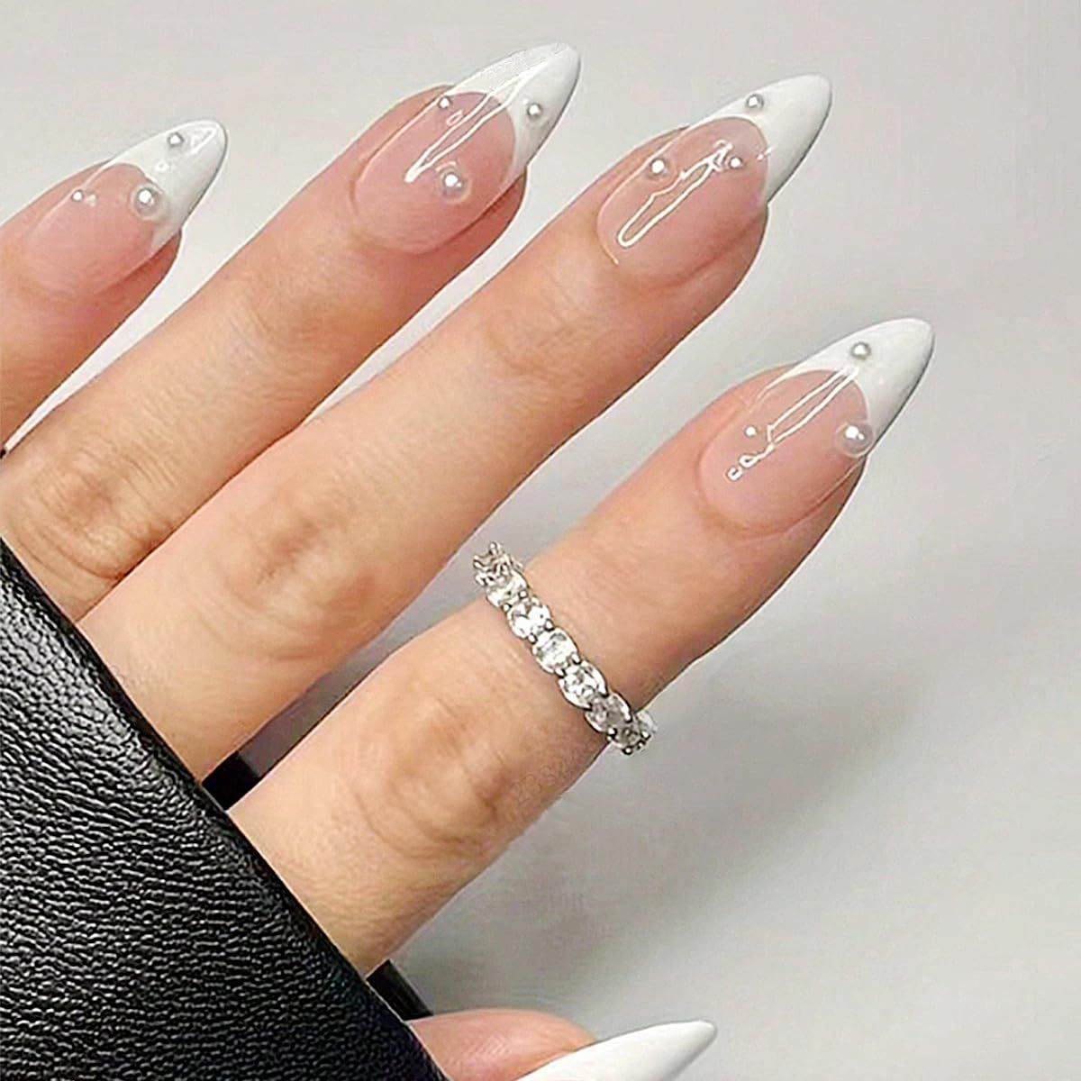 White French Pearl Press Nails Almond French Nude Cute Pearl Glossy Design Women Girls Nail Art Daily Wear 24pcs