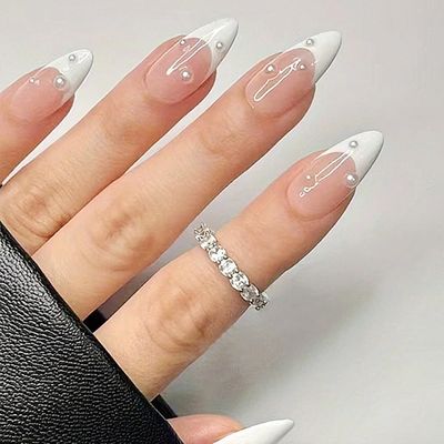 White French Pearl Press Nails Almond French Nude Cute Pearl Glossy Design Women Girls Nail Art Daily Wear 24pcs