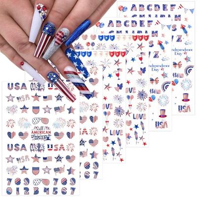6 Sheets 4th of July Nail Stickers for Nail Art 3D Self-Adhesive Independence Day Nail Decals Star Heart American Flag Nail Design Stickers Patriotic Nail Decor for Women Holiday Nail Art Supplies