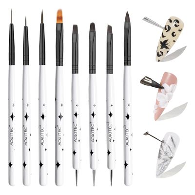Aokitec 8PCS Nail Art Brushes Set Professional: White &amp; Black Color Nail Art Tools For Long Lines, Thin Details, Fine Drawing, Liner Brush U V Gel Polish Painting Nail Design Home Salon Manicure DIY