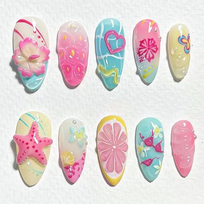 30pcs Summer Press on Nails Medium Almond Fake Nails with 3D Flower Starfish Designs Summer Beach False Nails Pearl Glue on Nails Handmade Full Cover Acrylic Nails Stick on Nails for Women