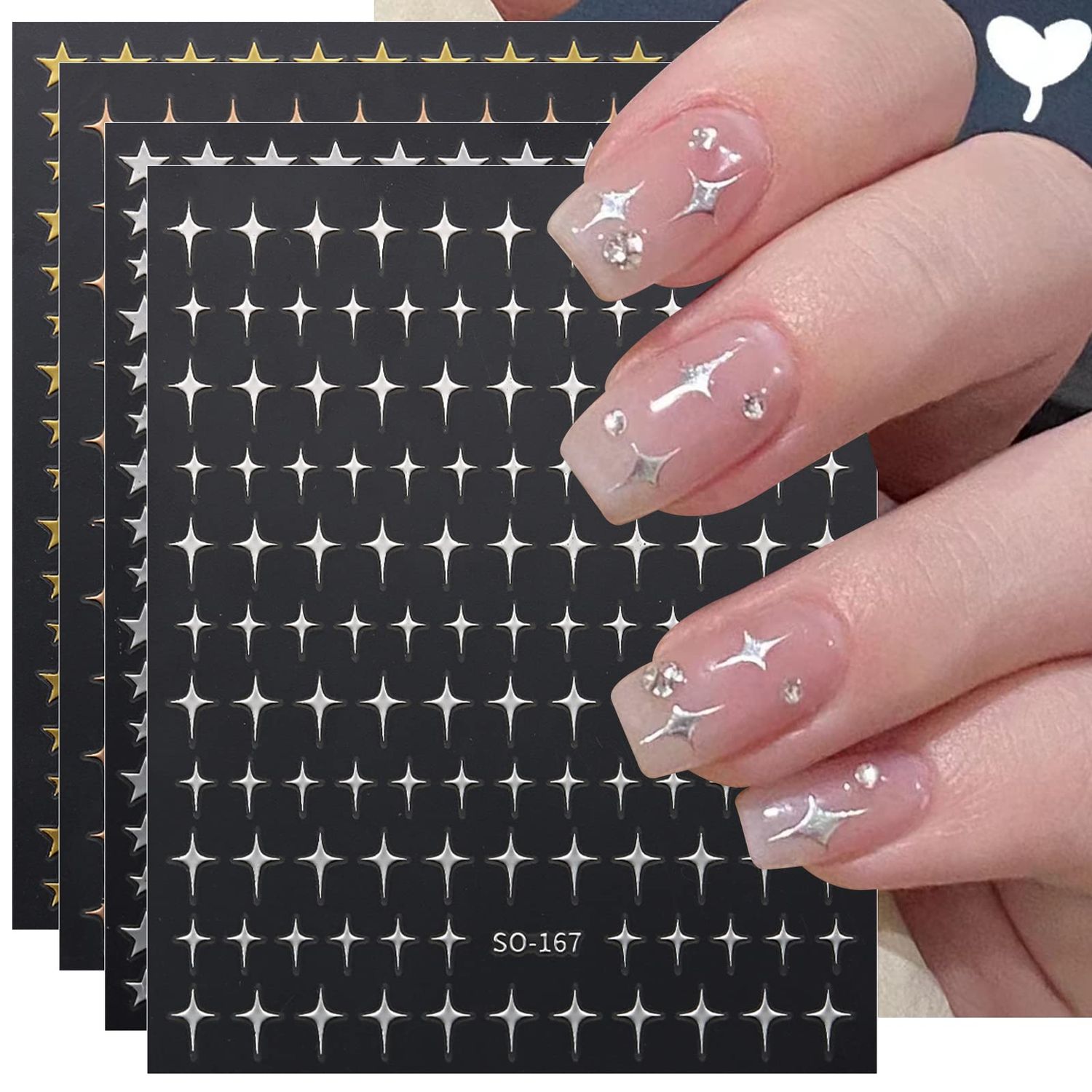 JMEOWIO 12 Sheets Colorful Star Nail Art Stickers Decals Self-Adhesive Pegatinas Uas Silver Nail Supplies Nail Art Design Decoration Accessories