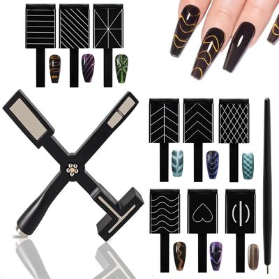 11Pcs Cat Eye Magnet for Nail Art, 5 in 1 Cat Eye Gel Nail Polish Magnet, 9Pcs 3D Cat Eye Stripe Magnet Plates Set, Multi-Function Nail Tool for Nails Salon Accessories or DIY