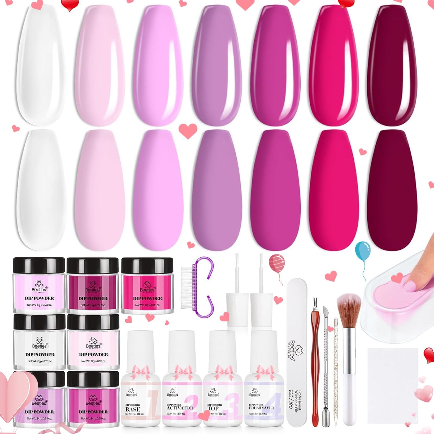 Beetles Pink Dip Powder Nail Kit, 7 Colors Hotpink Clear Pink Lightpink Deeppink Red Dip Powder Starter Kit with Liquid Set Recycling Tray with Base &amp; Top Coat Activator for French Nail Art Manicure