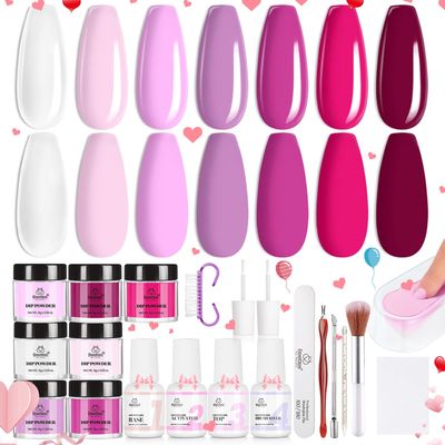 Beetles Pink Dip Powder Nail Kit, 7 Colors Hotpink Clear Pink Lightpink Deeppink Red Dip Powder Starter Kit with Liquid Set Recycling Tray with Base &amp; Top Coat Activator for French Nail Art Manicure
