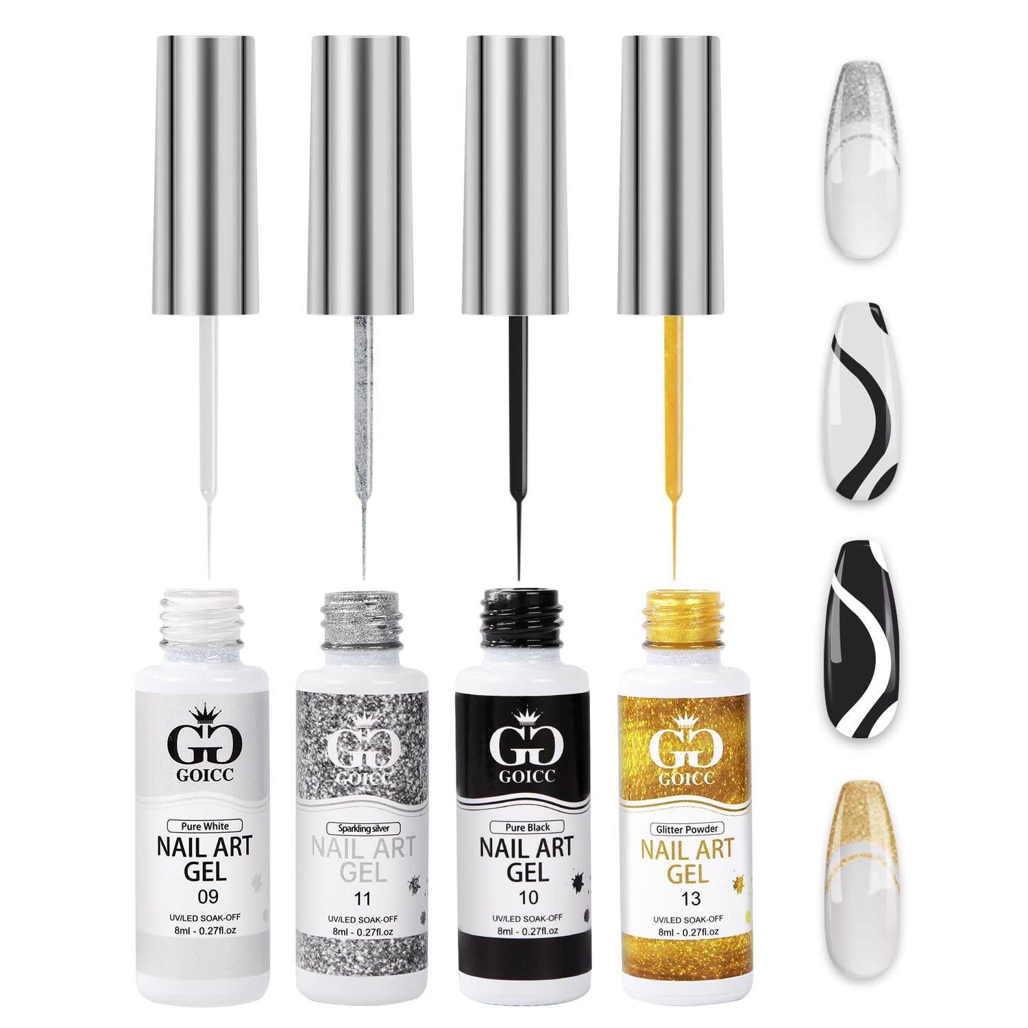 Nail Art Polish Set Gel Liner Nail Art Kit For Nail Design Polish Gel Art Paint For Nail 4 Colors Black White Gel Nail Polish Soak off Curing Requires 8ml with Thin Nail Art Brush