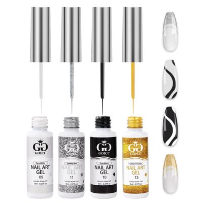 Nail Art Polish Set Gel Liner Nail Art Kit For Nail Design Polish Gel Art Paint For Nail 4 Colors Black White Gel Nail Polish Soak off Curing Requires 8ml with Thin Nail Art Brush