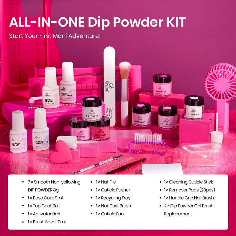 Beetles Pink Dip Powder Nail Kit, 7 Colors Hotpink Clear Pink Lightpink Deeppink Red Dip Powder Starter Kit with Liquid Set Recycling Tray with Base &amp; Top Coat Activator for French Nail Art Manicure
