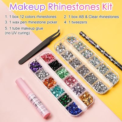 Canvalite Rhinestones for Face Colorful Face Gems Face Jewels AB & Clear Eye Hair Nail Gems Rhinestones with Quick Dry Makeup Glue, 1 Rhinestones Picker Wax Pen, 1 Tweezers for Nail Art Face Makeup
