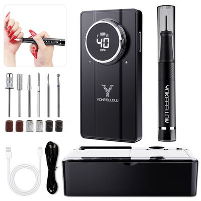 Yokefellow Nail Drill, Professional Portable 40000RPM Nail Drills Machine Electric Engraving Drill for Glass Black
