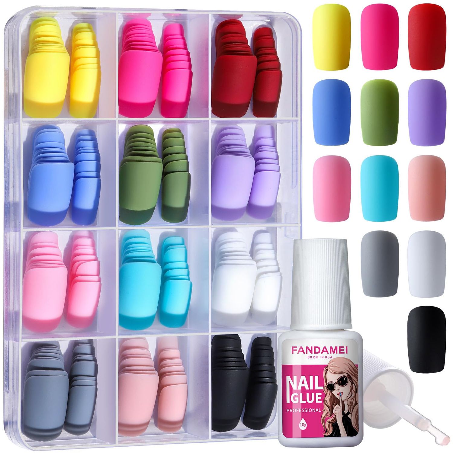 FANDAMEI Matte Press on Nails Square, 12Packs 288PCS Press on Nails Medium Square, 12 Matte Color Glue on Nails. Short Square Acrylic Fake Nails Full Cover, Medium Length False Nails with Nail Glue