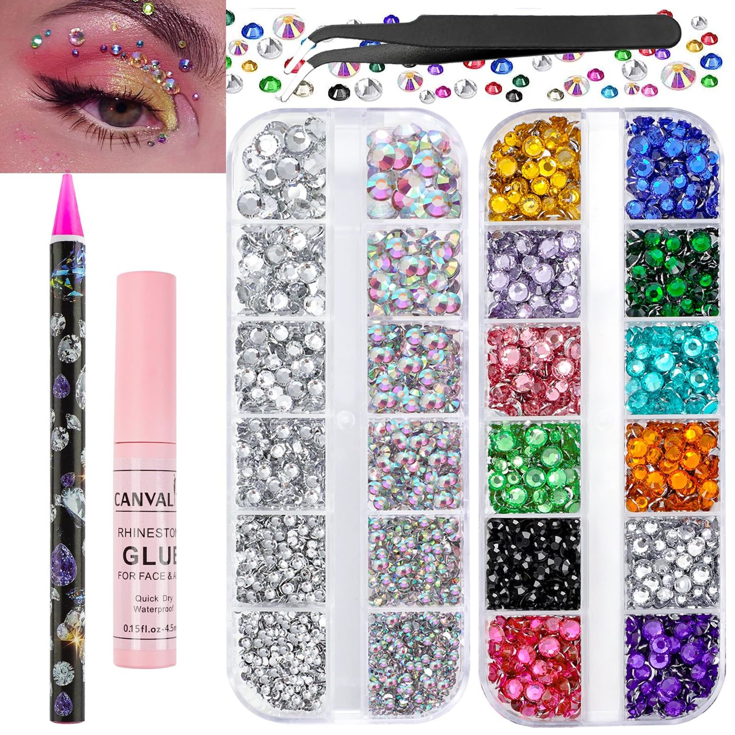 Canvalite Rhinestones for Face Colorful Face Gems Face Jewels AB &amp; Clear Eye Hair Nail Gems Rhinestones with Quick Dry Makeup Glue, 1 Rhinestones Picker Wax Pen, 1 Tweezers for Nail Art Face Makeup