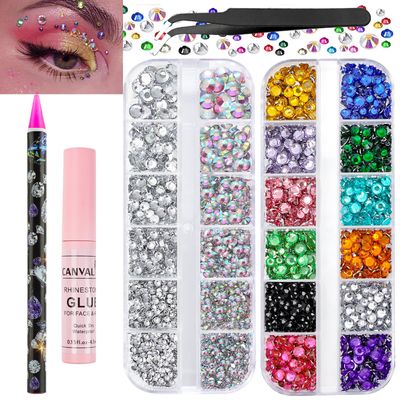 Canvalite Rhinestones for Face Colorful Face Gems Face Jewels AB &amp; Clear Eye Hair Nail Gems Rhinestones with Quick Dry Makeup Glue, 1 Rhinestones Picker Wax Pen, 1 Tweezers for Nail Art Face Makeup
