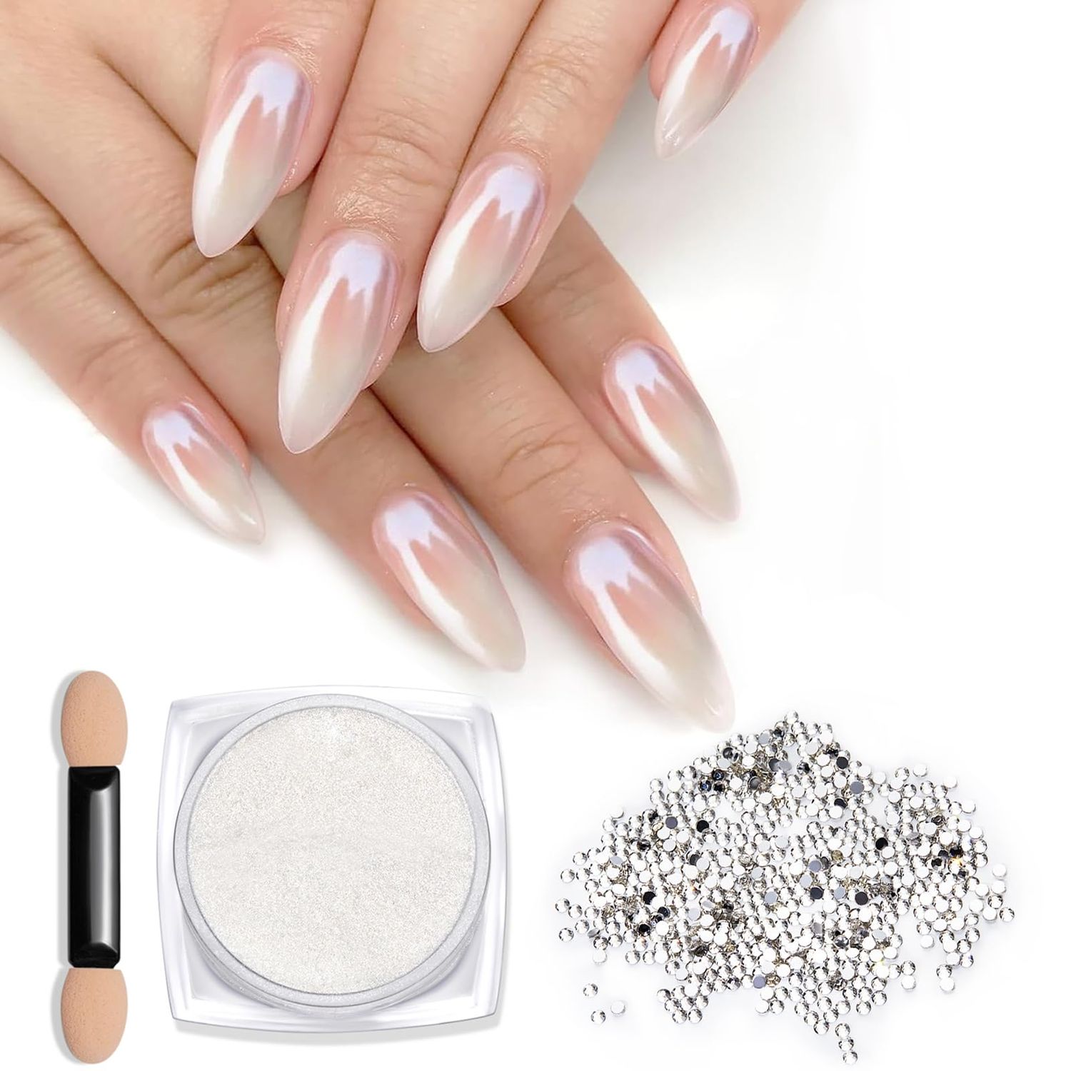 LIGHT RAIN 1.5g White Pearl Chrome Nail Powder Kit - Glass and Pearlescent Transparent Glitter Dust, 1400pcs 2mm Flatback Clear Crystal Rhinestones, 1 Applicator for Nail Art