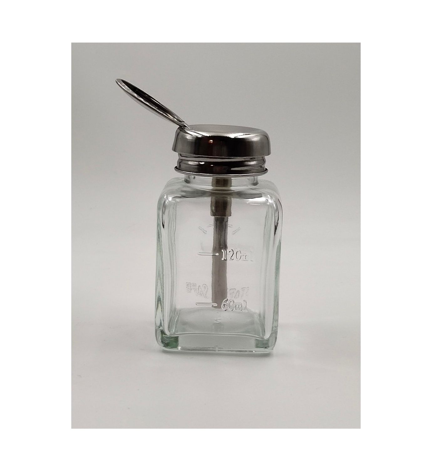 4 Oz/ 120 ml Glass Pump Dispenser Bottle for Nail Polish Makeup Remover Alcohol Clear Empty Refillable Push Down Press Container with Metal Core, Flip, 1 Pack