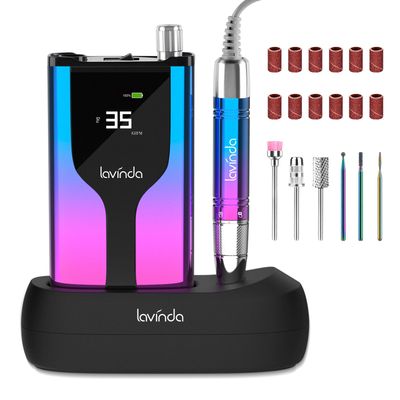 Lavinda Professional Rechargeable Nail Drill Machine, Cordless 35,000RPM Skyspace Brushless Nail Drill, Portable Electrical Nail File for Acrylic Nails with Protective Case, Gradient Blue &amp; Purple