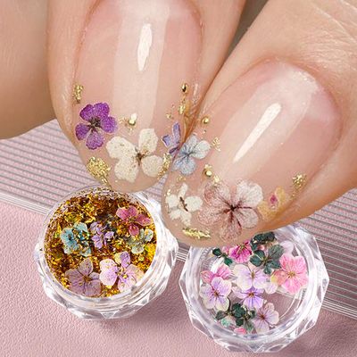 Dried Flower for Nails -3D Nail Art Dried Flowers Nail Art Sticker ins Japanese Gradient Dried Floral Gold Foil Mixed Natural Real Dry Flower Nail Decal Summer Nails Art Resin DIY Craft Manicure Decor