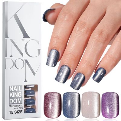 120Pcs Square Press on Nails Short Cat Eye Fake Nails Glossy Glitter Acrylic Nails Gel Glue on Nails Purple White Blue False Nails Press ons Stick on Nails Manicure Kit for Women Girls 15 Sizes