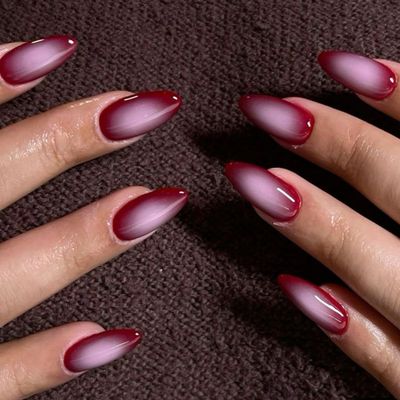 Red Gradient Press on Nails Almond Fake Nails with Designs Sweet Red False Nails Glossy Stick on Nails Acrylic Nails Full Cover Nail Tips for Coquette Women, 24Pcs Reusable Fake Nails Kit