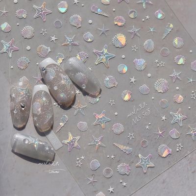 Summer Nail Stickers Sea Shell Starfish Conch Nail Decals for Nail Art Ocean Theme White Nail Art Supplies 5D Shiny Nails Adhesive Sticker Summer Ocean Stickers for Nails Decorations DIY Charms