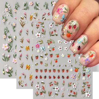 Nail Stickers for Nail Art, 5D Embossed Cute Floral Bee Ladybug Flower Nail Decals Summer Ladybug Bee Tulip Strawberry Leaf Fruit Floral Spring Flower Nail Art Supplies for Women Girls (3 Sheets)