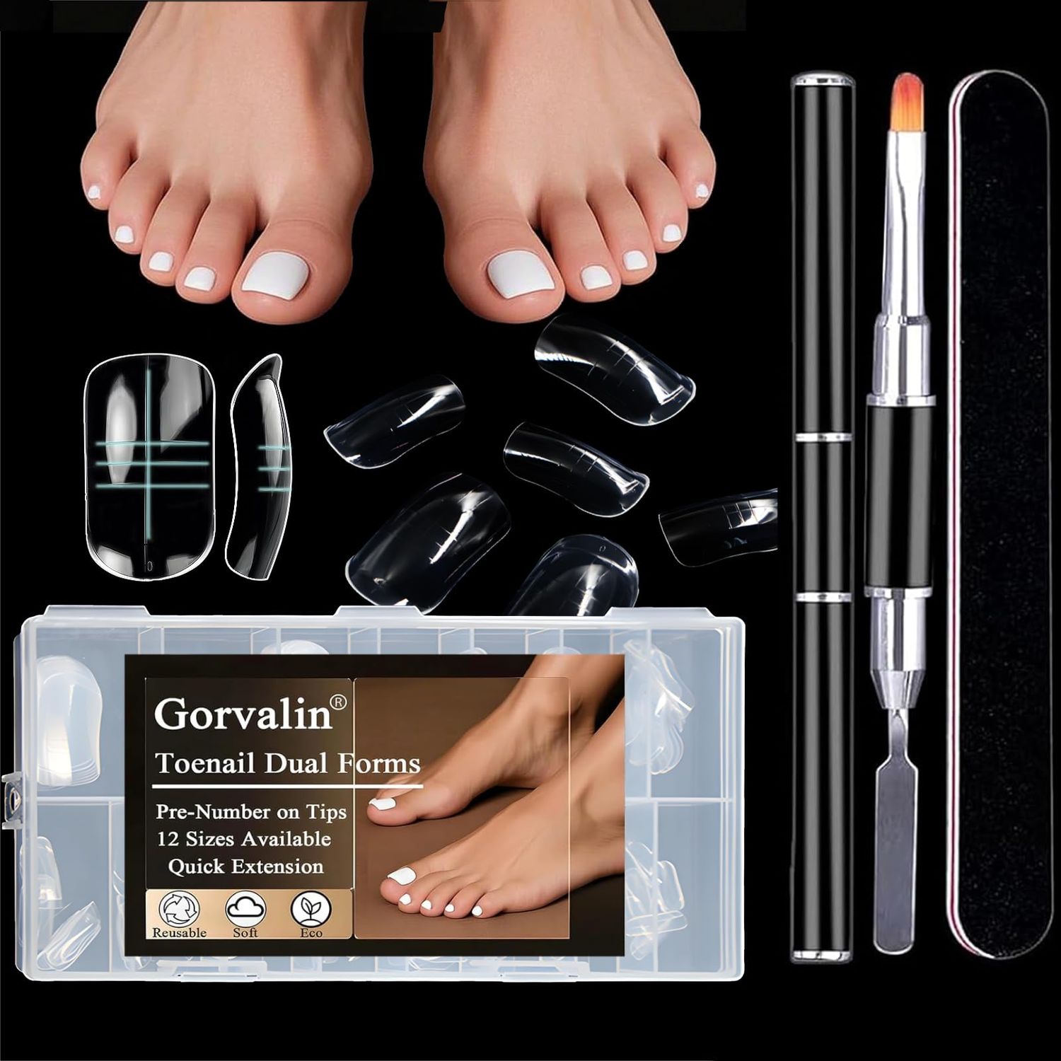 150 PCS Poly Gel Toe Nail Forms Kit - Reusable Dual Forms &amp; Molds for Acrylic Extensions &amp; Pedicures | Full Cover Tips, Dual-Ended Brush, Nail File | Home, Salon &amp; Professional Use